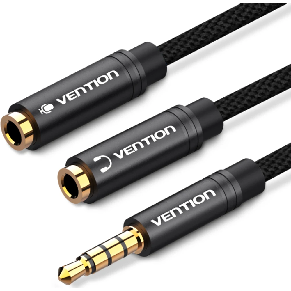 כבל FABRIC BRAIDED 4 POLE 3.5MM MALE TO 2*3.5MM FEMALE STEREO SPLITTER 0.3M BLACK METAL TYPE VENTION