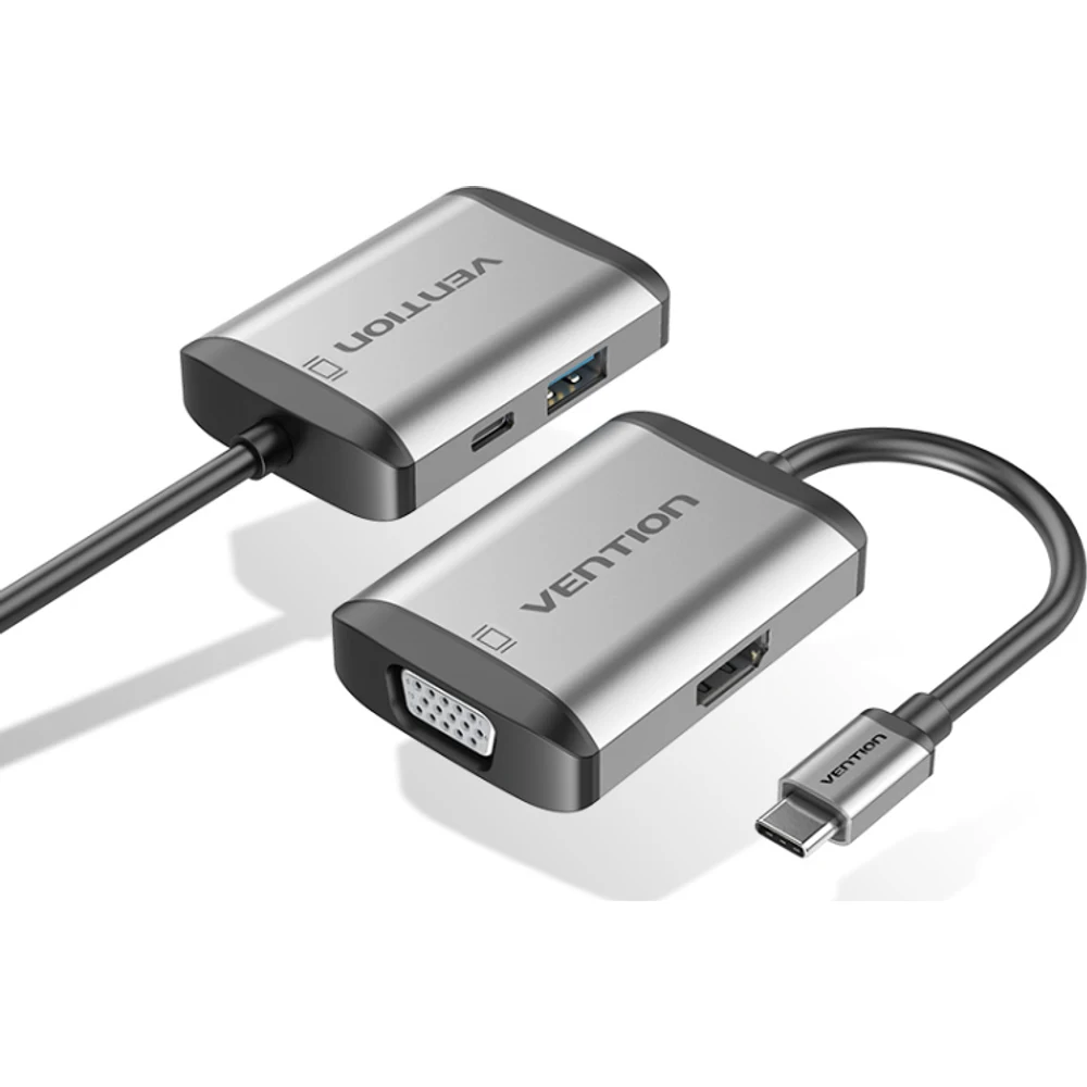 מעביר TYPE-C TO HDMI/VGA/USB3.0/PD 0.15M GRAY METAL TYPE VENTION